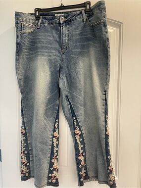 John Mark Jeans Womens 20w Blue Floral Embroidered Fringe Cropped Boho Hippie
